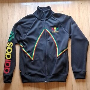 Adidas Black Track Jacket with Colorful Rasta Accents